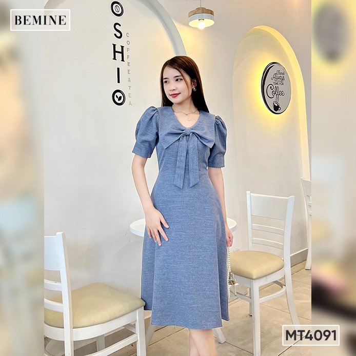 Đầm suông cổ nơ tay xếp li BEMINE MT4091XANH
