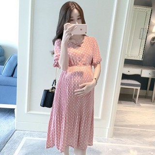 Váy bầu hồng châm bi Voan phong cách Hàn Quốc