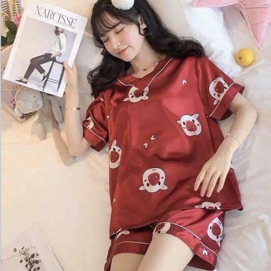 [FREE SHIP]Đồ ngủ mặc nhà,Pijama nữ chất lụa mềm mại, thoáng mát, họa tiết dễ thương, cổ vạt, áo cộc quần đùi