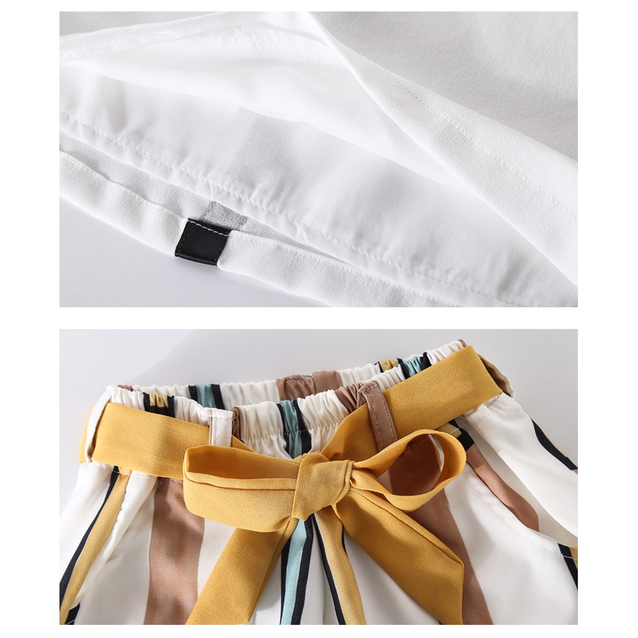 ✨CindyMom✨ Striped Bow Áo Sơ Mi Nữ Tay Ngắn + Bộ Quần ống Rộng, Quần Bé Gái Bộ Quần áo Cho Bé Gái 3 đến 14 Tuổi
