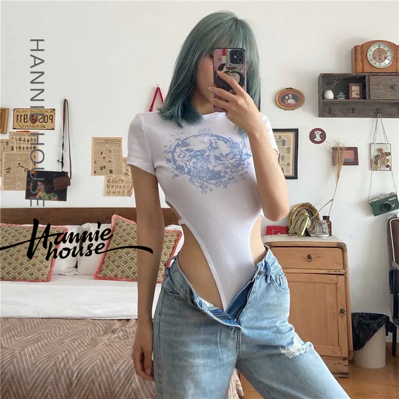 Jumpsuit Tay Ngắn Cổ Tròn Hoạ Tiết In Cho Nữ