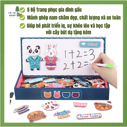 Đồ chơi lắp ráp, thay trang phục gia đình gấu thỏ gồm 5 chủ đề, miếng ghép đẹp, chi tiết bằng nam châm, tặng kèm bút dạ
