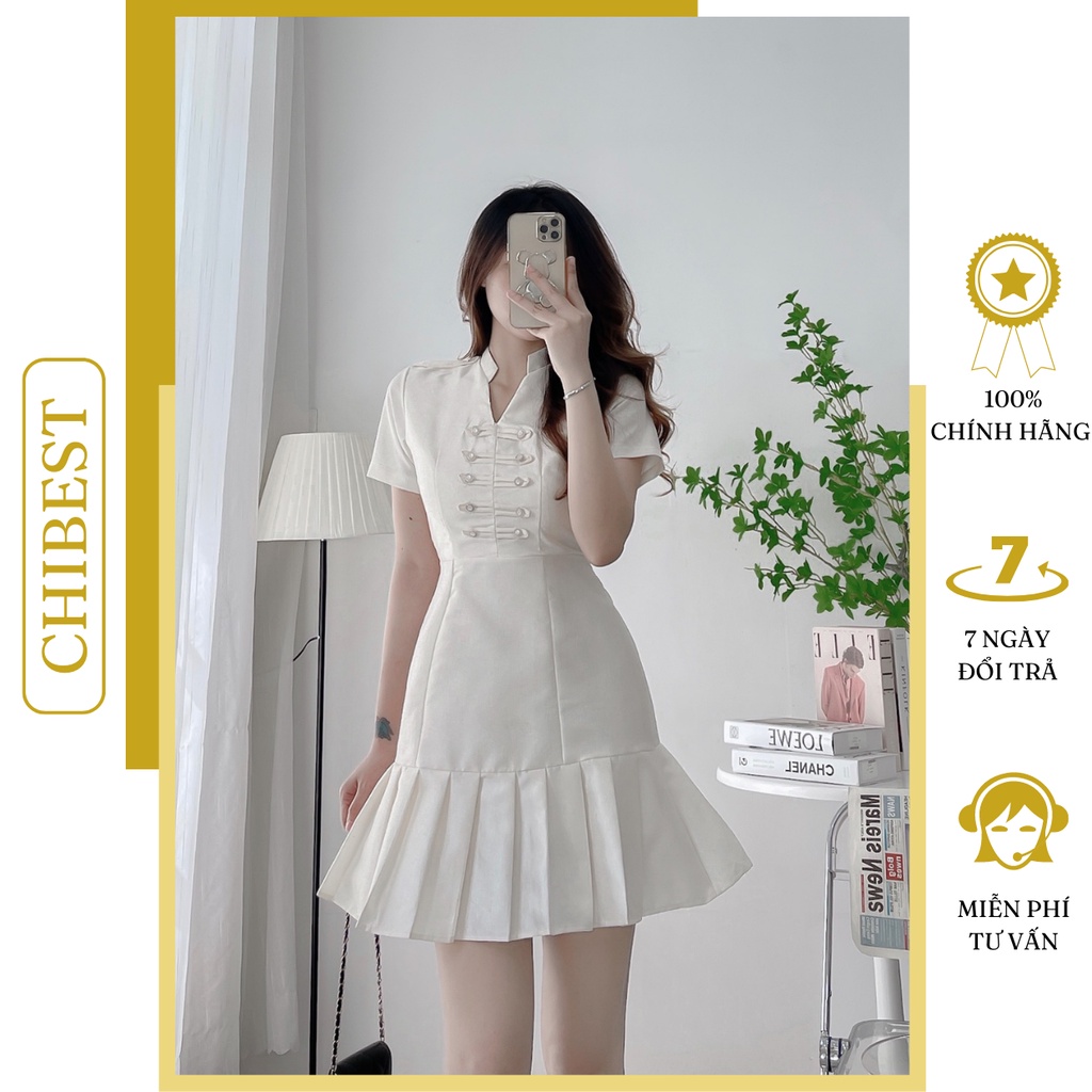 Đầm ôm tapta line cổ trụ lxếp ly phối nút sang trọng CHIBEST HDB815