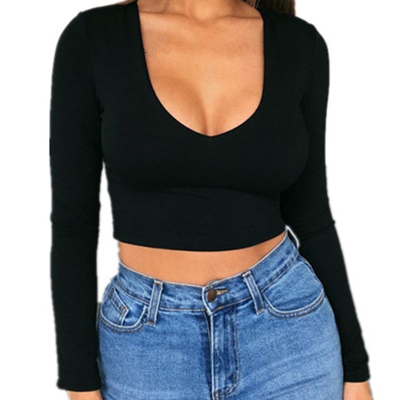 Áo Thun Tay Dài Cổ Chữ V Màu Sắc Đơn Giản Dành Cho Nữ