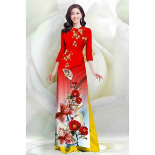 SÉT ÁO DÀI LỤA TRUYỀN THỐNG IN HOA SỨ QUẠT 4D