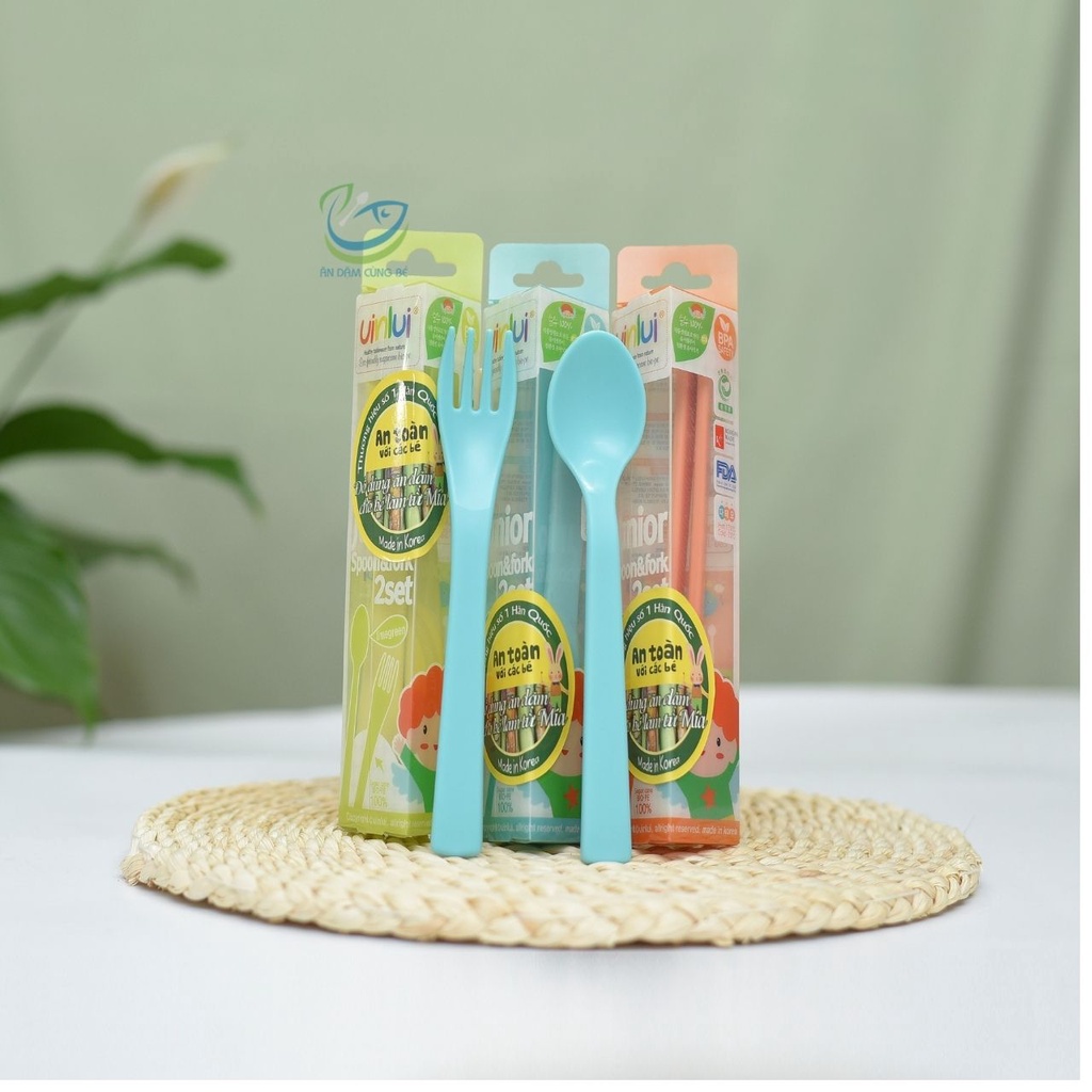 Set thìa dĩa muỗng cho bé ăn dặm kiểu Nhật Blw làm từ mía sinh học UINLUI Hàn Quốc chính hãng 82355