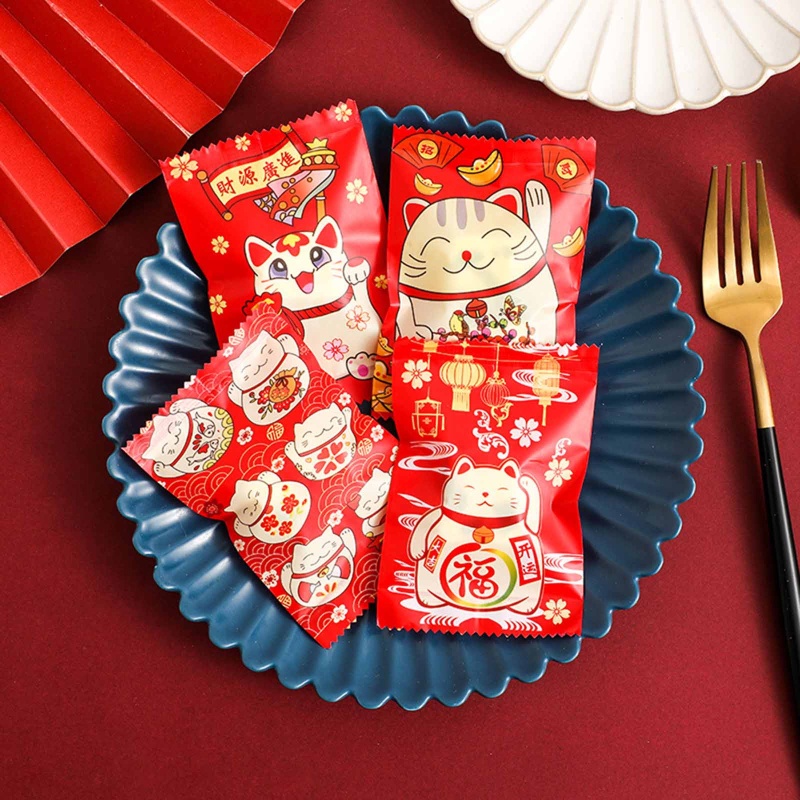 Set 100 túi đựng bánh in hình mèo may mắn và hoa tuyết phong cách Trung Hoa
