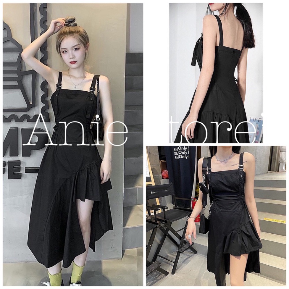 (Sỉ) Đầm 2 Dây Đen Buộc Eo Lệch Tà 🦋 Váy 2s Nữ Chất Đũi Dây Điều Chỉnh 🦋 (ảnh thật)