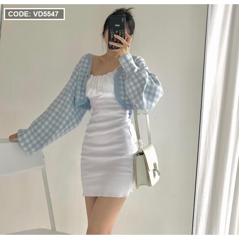 👗Set quần áo_Đầm 2D kèm khoác tay dơi lên form tôn dáng cực xinh , trắng xanh kết hợp tạo sự trẻ trung khoẻ khoắn👗