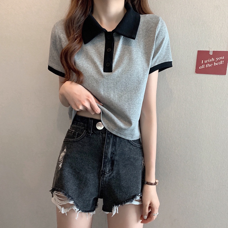 Áo thun polo IELGY tay ngắn cổ bẻ màu sắc tương phản thời trang đơn giản dành cho nữ