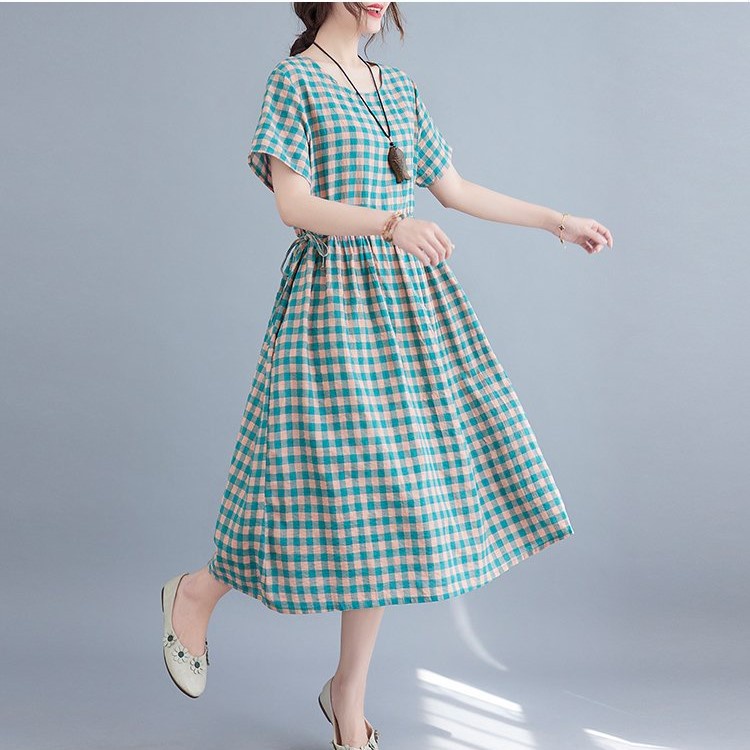 Váy đầm ulzzang suông vintage caro cổ tròn ngắn tay, dây eo tự chỉnh