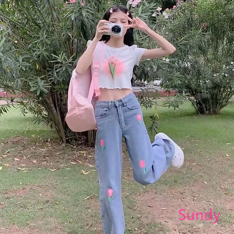 Áo Thun Cổ TròN HọA TiếT Hoa ThờI Trang Cho Nữ