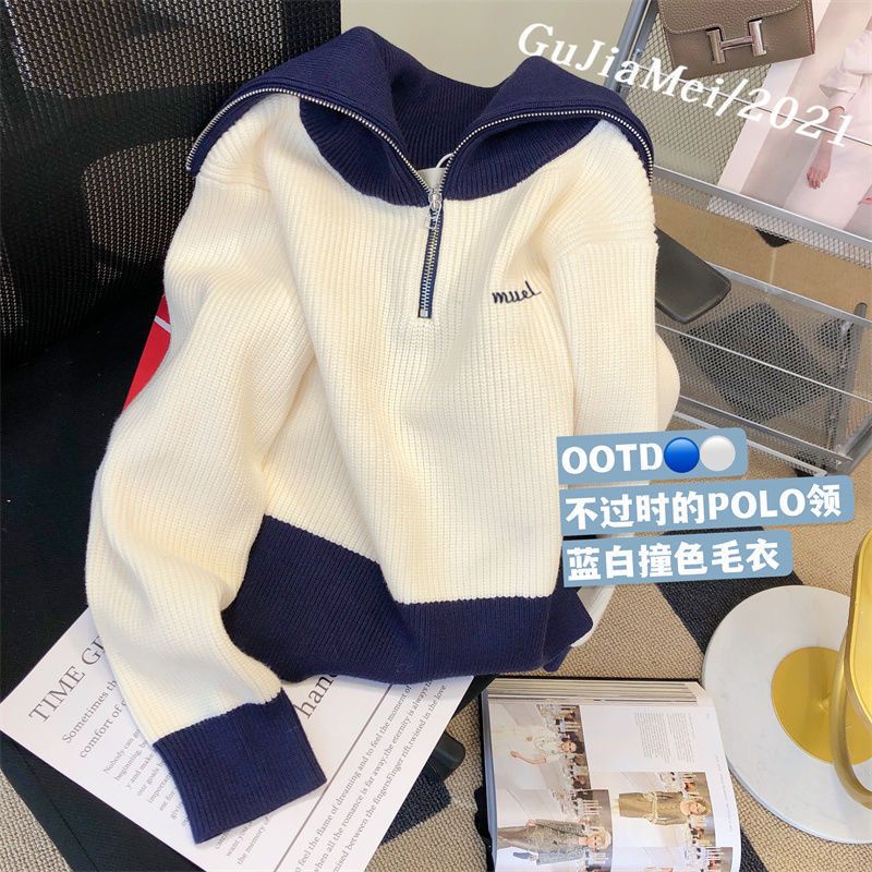 Áo Sweater Dệt Kim Cổ polo Dáng Ngắn Phối Khóa Kéo Thiết Kế Mới Thời Trang Mùa Xuân Cho Nữ