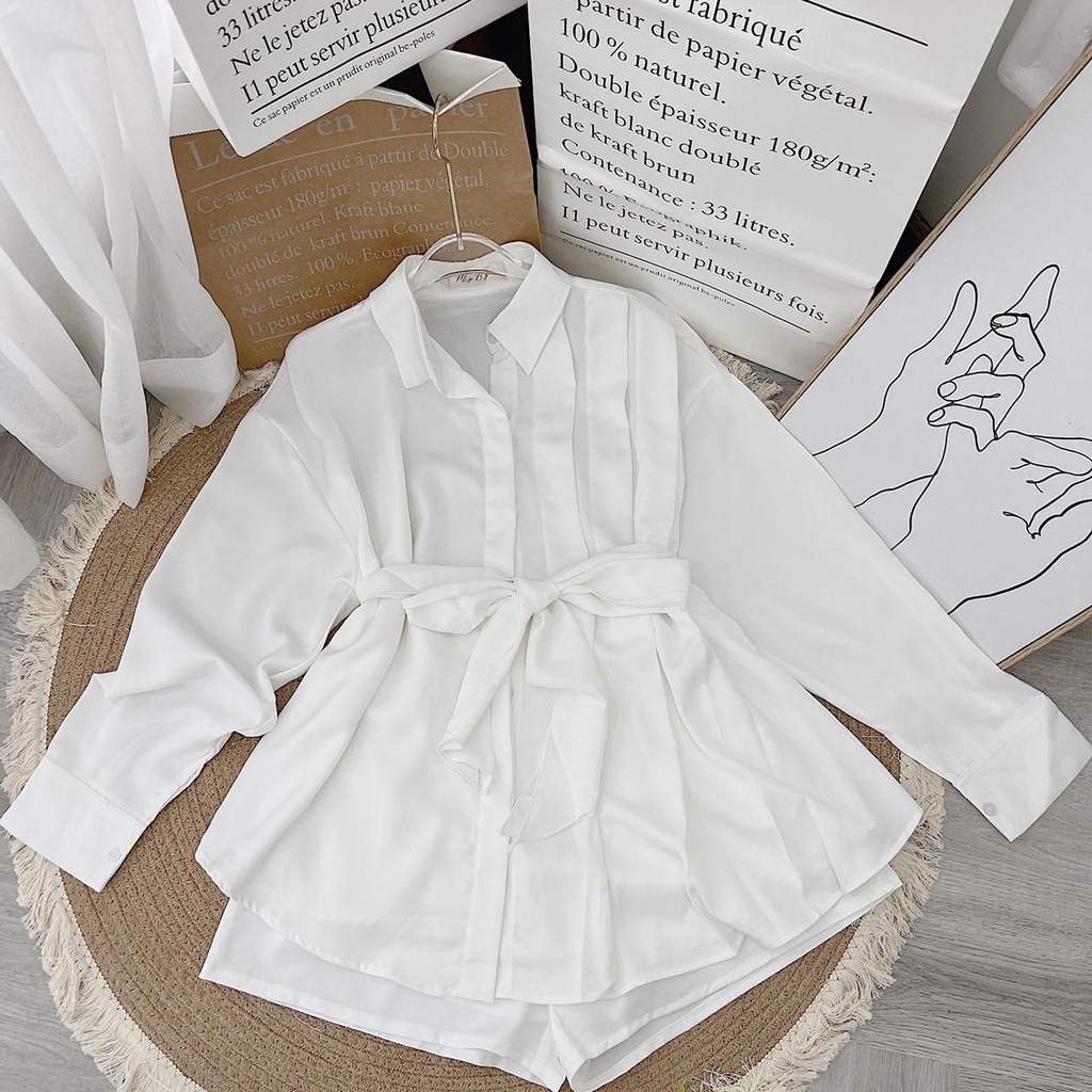 SET SƠ MI TRẮNG XẾP LY BO EO + SHORT
