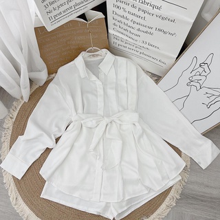 Set sơ mi trắng xếp ly bo eo + short