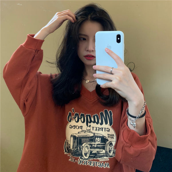 Áo thun dài tay cổ V in họa tiết xinh xắn hợp thời trang cho nữ