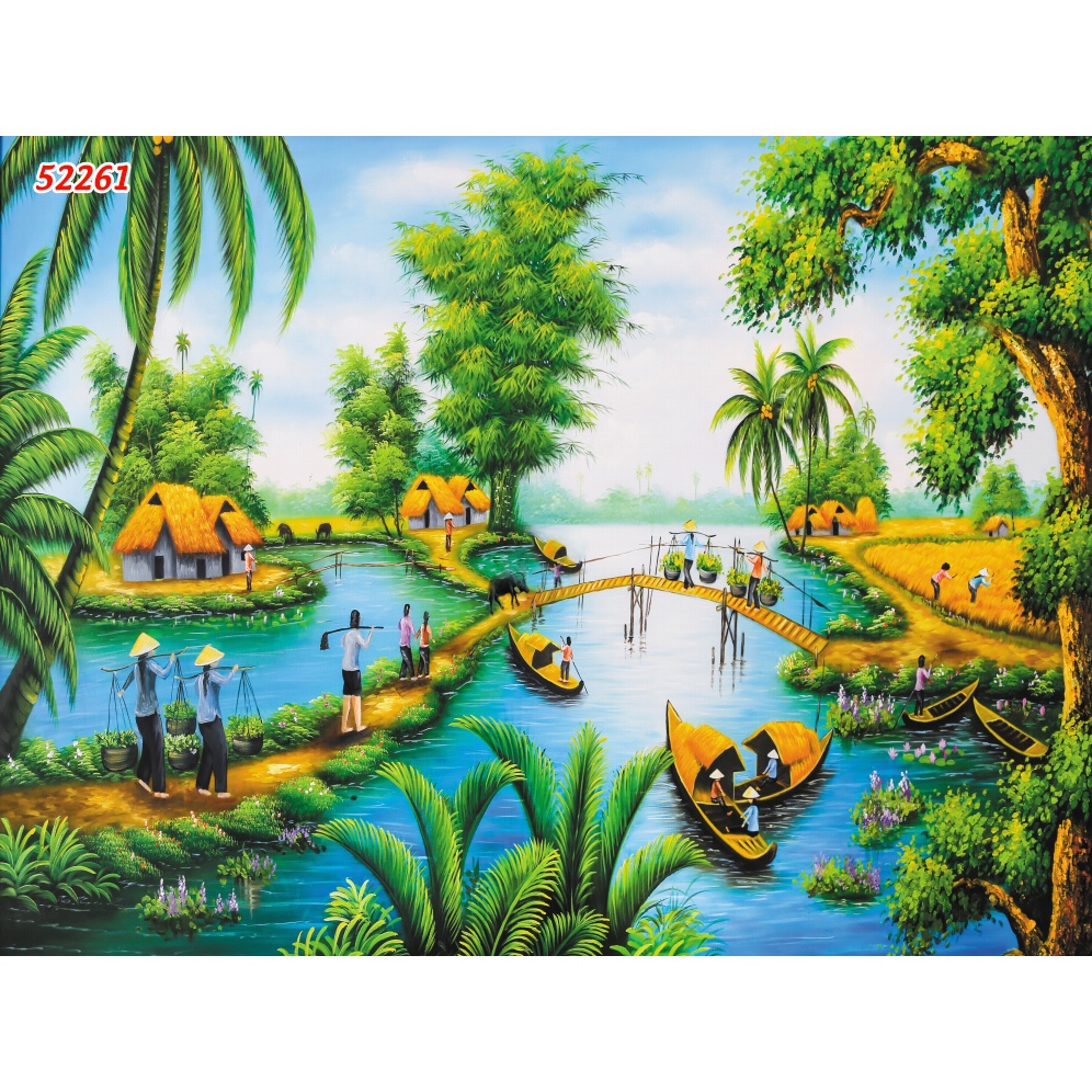 Tranh Làng Quê Cày Ruộng, Gặt Lúa, Chăn Trâu, Cắt Cỏ