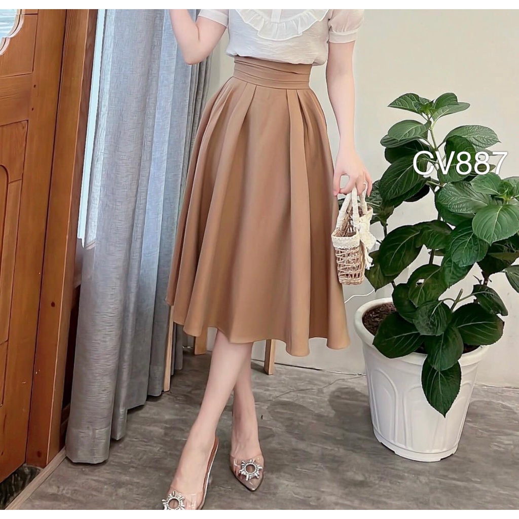 Chân váy xòe công sở dáng dài có túi 2 bên thiết kế sang chảnh, Xòe phồng 6 li d68cm