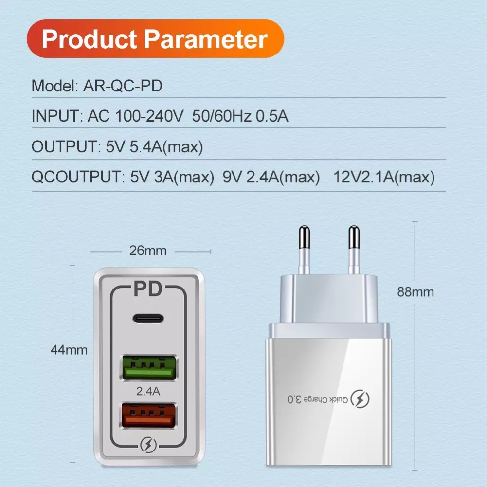 Cốc Sạc Nhanh 3 Cổng Usb Pd 18w Qc3.0 Tiện Dụng