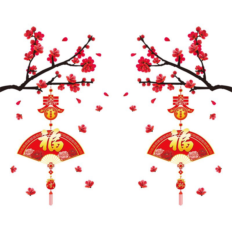 Decal Dán Tường Tết - 2 cành Mai đỏ quạt xòe mẫu mới