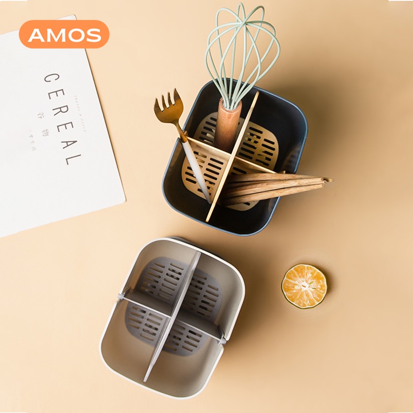 Hộp đựng đũa muỗng AMOS 4 ngăn cao cấp, Khay đựng thìa đũa chống ẩm ướt