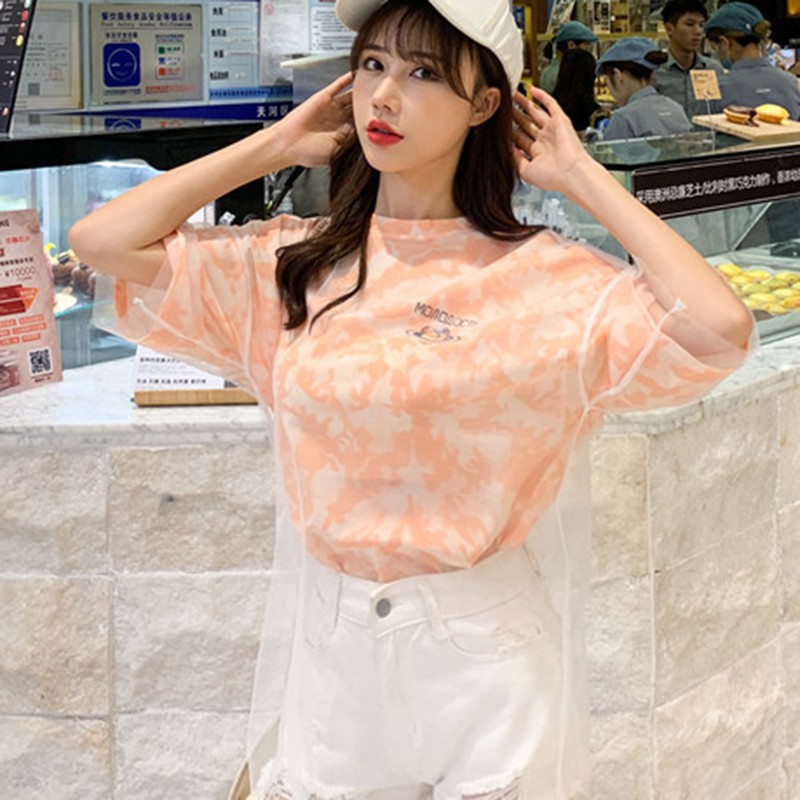 Áo thun tay lỡ cổ tròn phối lưới phong cách mùa hè cho nữ