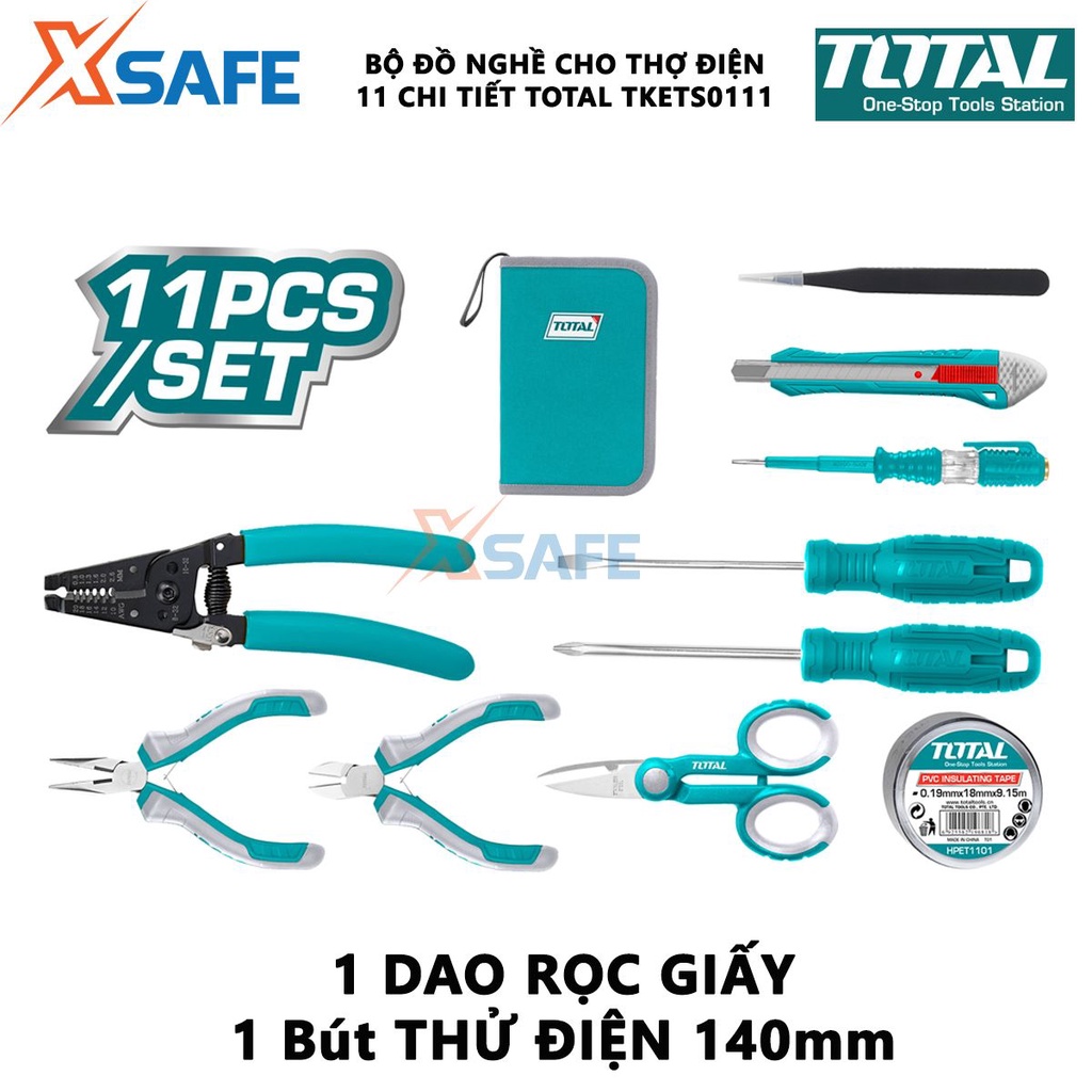 Bộ đồ nghề cho thợ điện 11 chi tiết TOTAL TKETS0111 dụng cụ cầm tay gồm kéo thợ điện, tua vít, mỏ lết,...