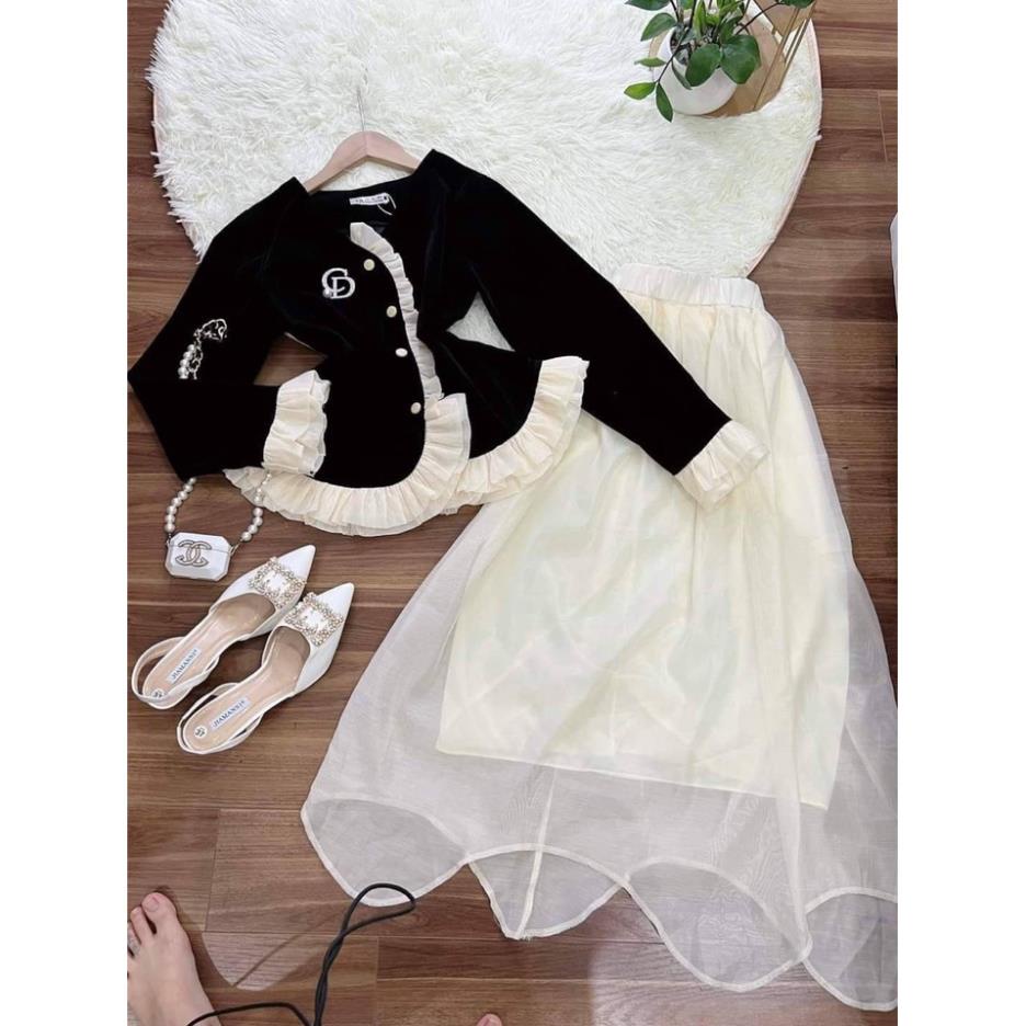 [ 𝐅𝐑𝐄𝐄 𝐒𝐇𝐈𝐏 ]   SÉT ÁO NHUNG VIỀN BÈO CHÂN VÁY TƠ XƯỚC