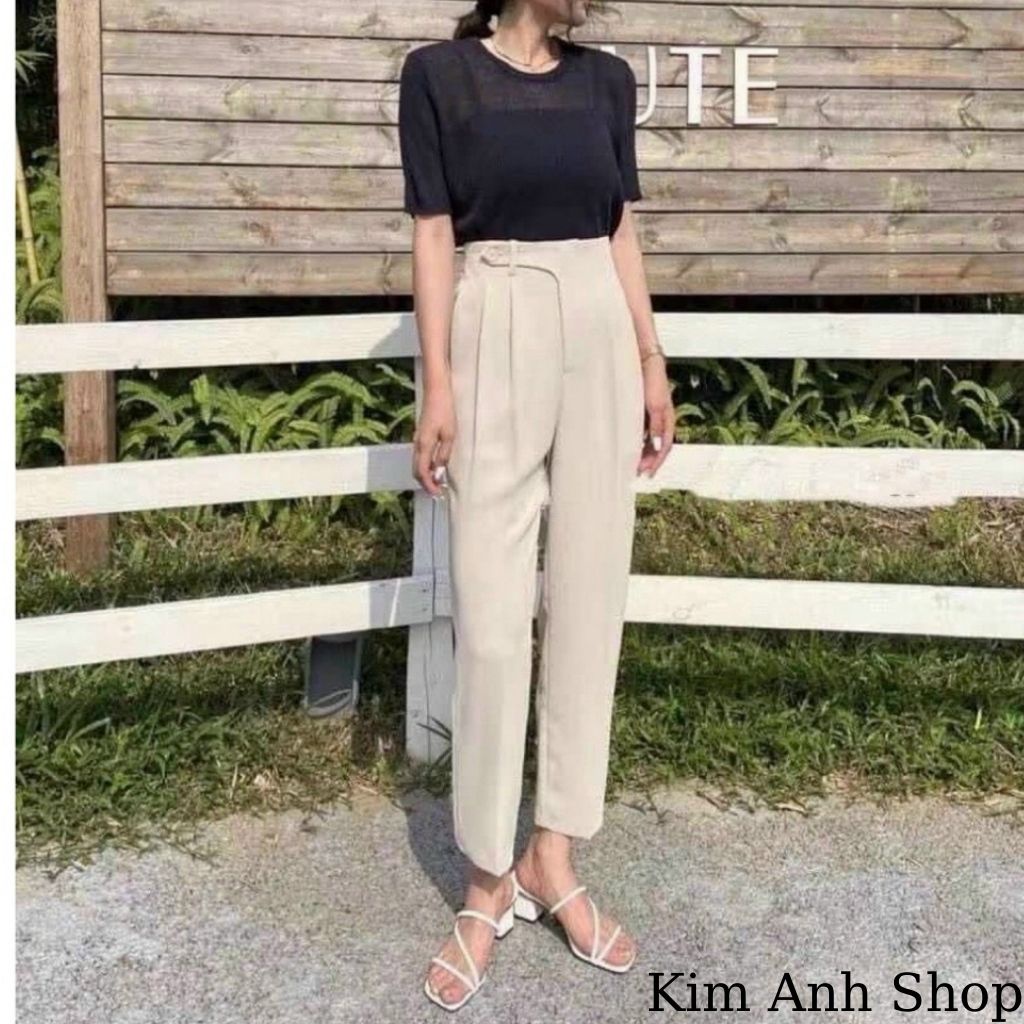 Quần baggy nữ hàng thiết kế cạp cao cách điệu khuy cài lệch,Quần tây lưng chun thoải mái,mặc đi làm,đi học_Kim Anh Shop