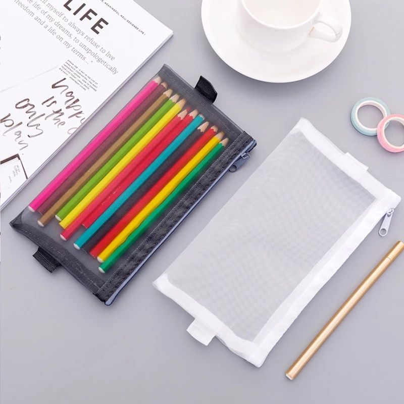1 Hộp Đựng Bút Trong Suốt Dạng Lưới Dung Tích Lớn 2 Kích Thước Có Khóa Kéo Cho Học Sinh/Văn Phòng