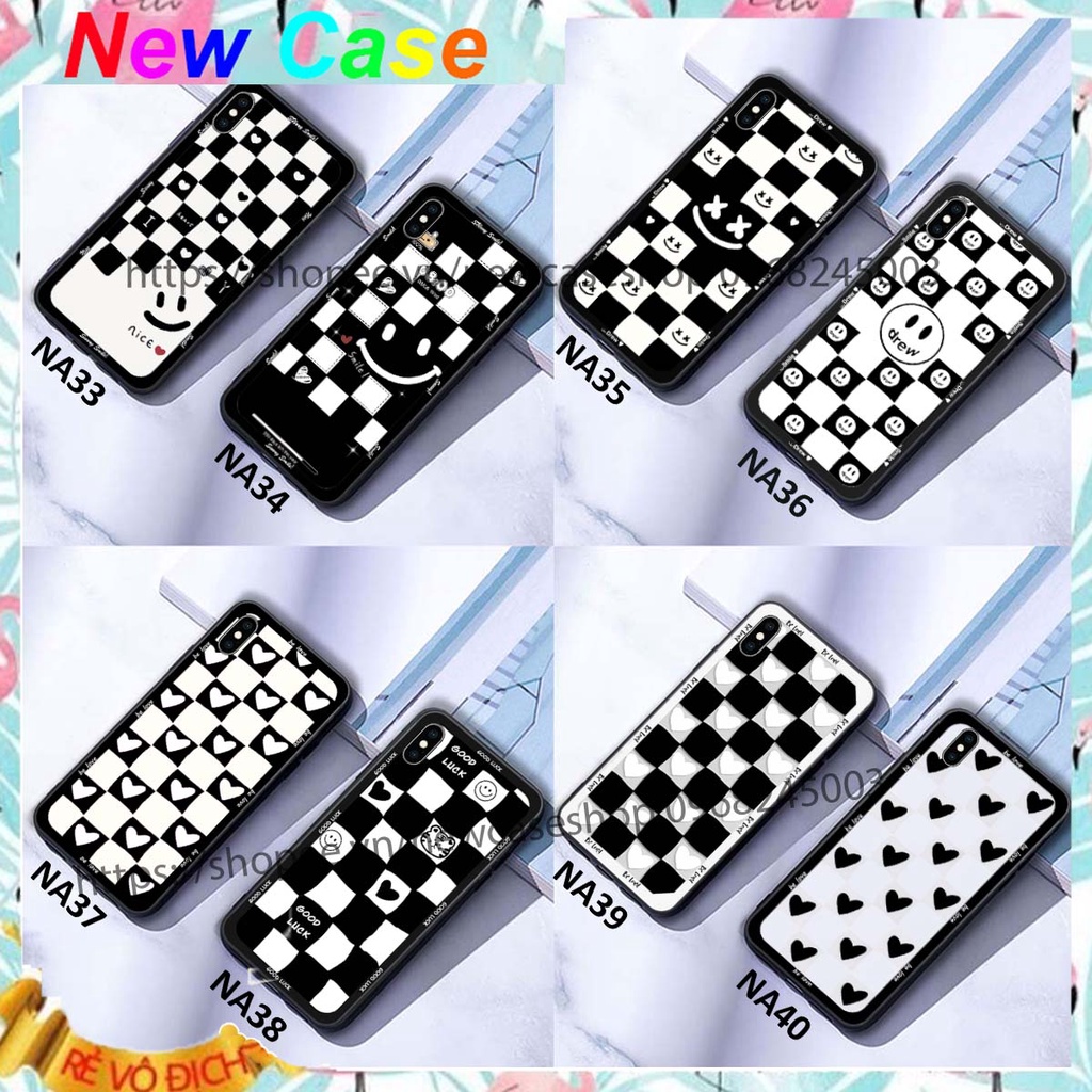 Ốp lưng Iphone X / Xs / Xs Max / XR hình caro trái tim trắng đen cạnh viền vuông bảo vệ camera.