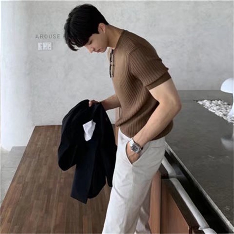 Áo Thun Tay Ngắn Cổ Tròn Họa Tiết Kẻ Sọc 2 Màu Sắc Phong Cách Hong Kong Thời Trang Mùa Hè Cho Nam Size M-3XL