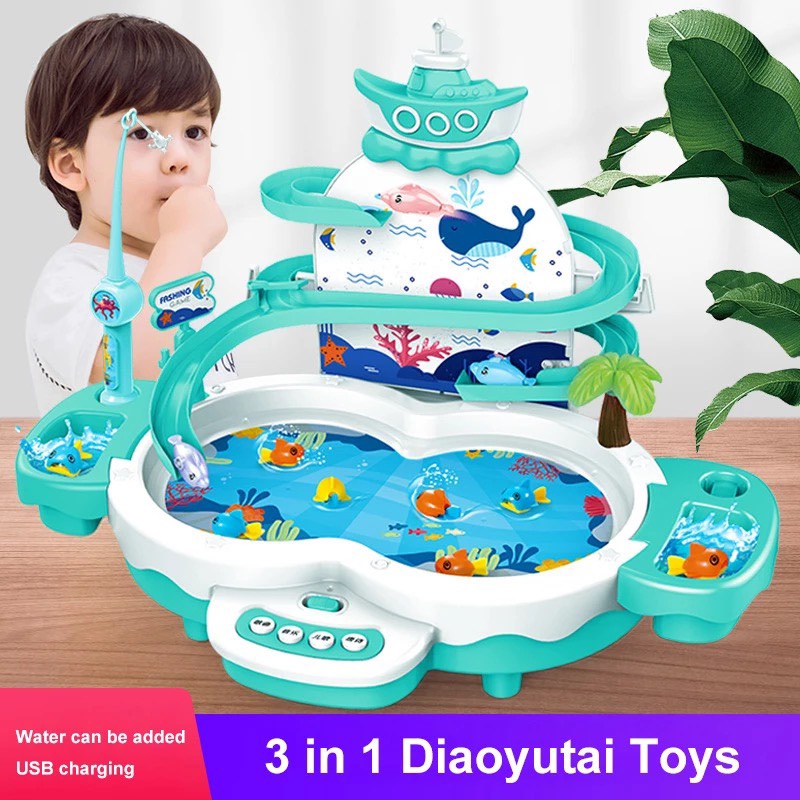 Đồ chơi câu cá tháp nam châm cho bé, có đường ray cá biết bay, pin sạc, Thegioidochoi1104