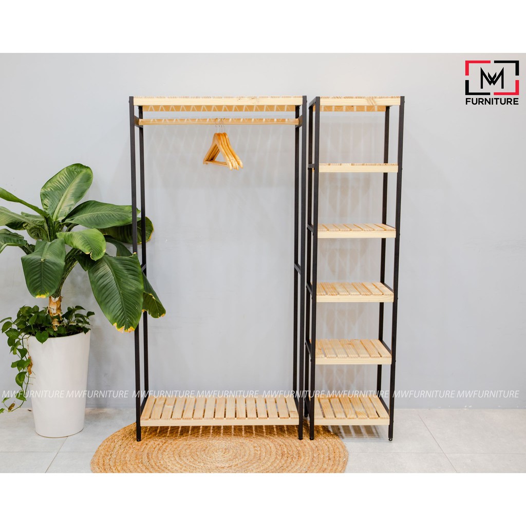 COMBO KỆ GỖ 6 TẦNG VÀ TỦ TREO QUẦN ÁO KHUNG SẮT TĨNH ĐIỆN - COMBO IRON SHELF 6F + IRON SHELF HANGER - NỘI THẤT CĂN HỘ