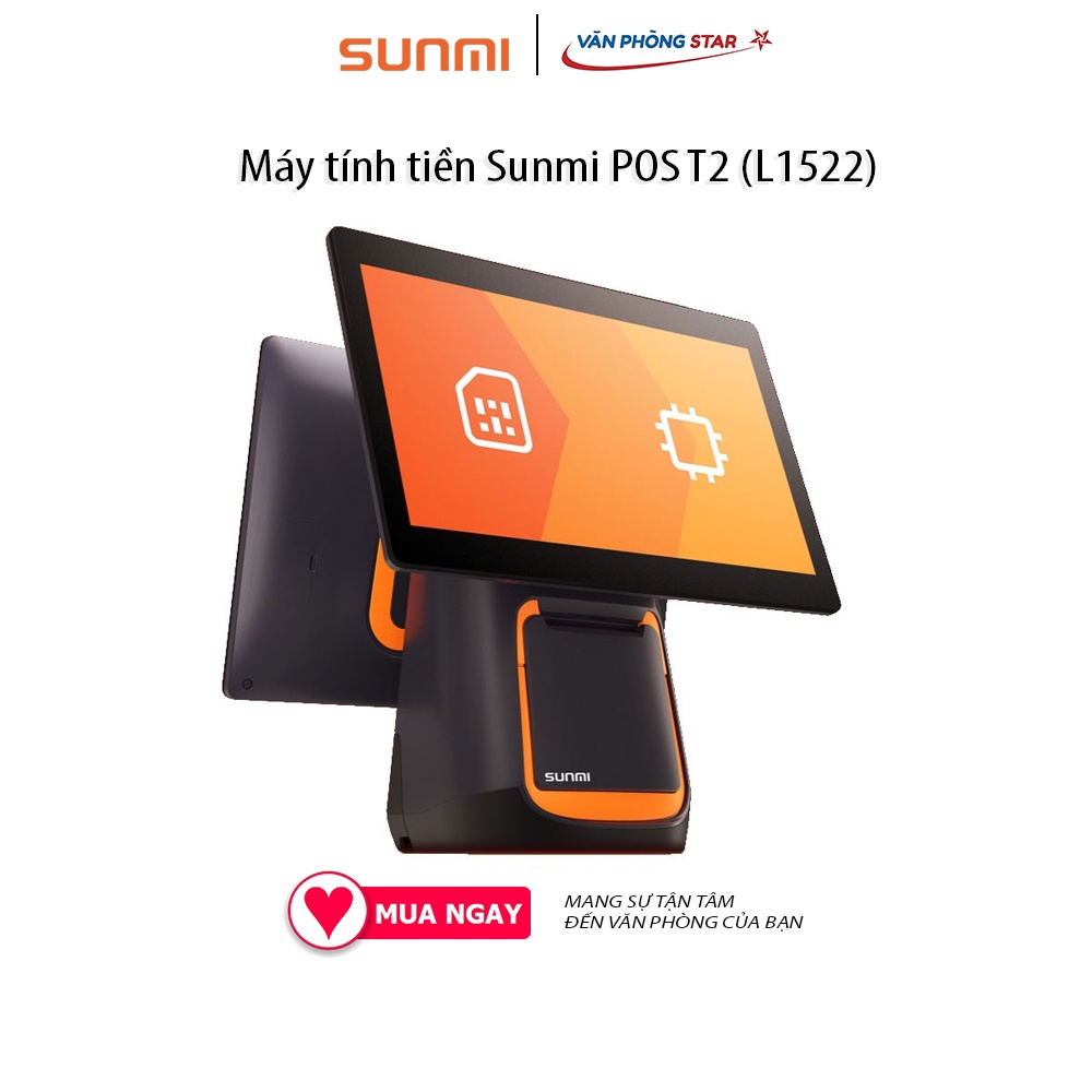 Máy tính tiền Sunmi POS T2 (L1522) Màn hình chính: 15.6″ FHD, 1920×1080 Màn hình phụ: 10.1″HD-1024×600- Wifi: 802.11 b