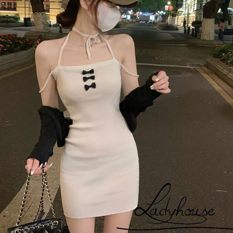 Đầm Ôm Dáng Hai Dây Cột Nơ Đính Ngọc Trai Nhân Tạo Thời Trang Cho Nữ