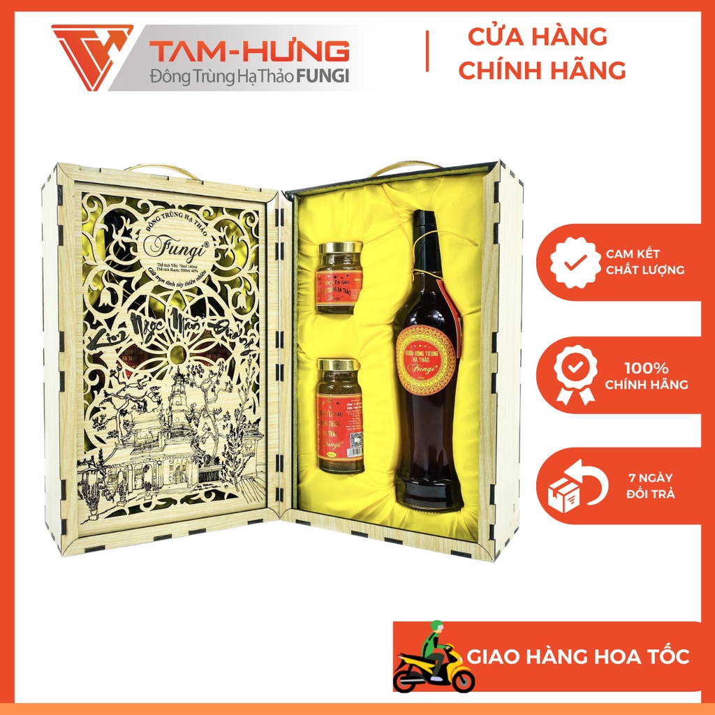 Yến Chưng Sẵn Fungi & Đông Trùng Hạ Thảo Ngâm chai Putin- Kim Ngọc Mãn Đường hộp Gỗ thích hợp biếu tặng