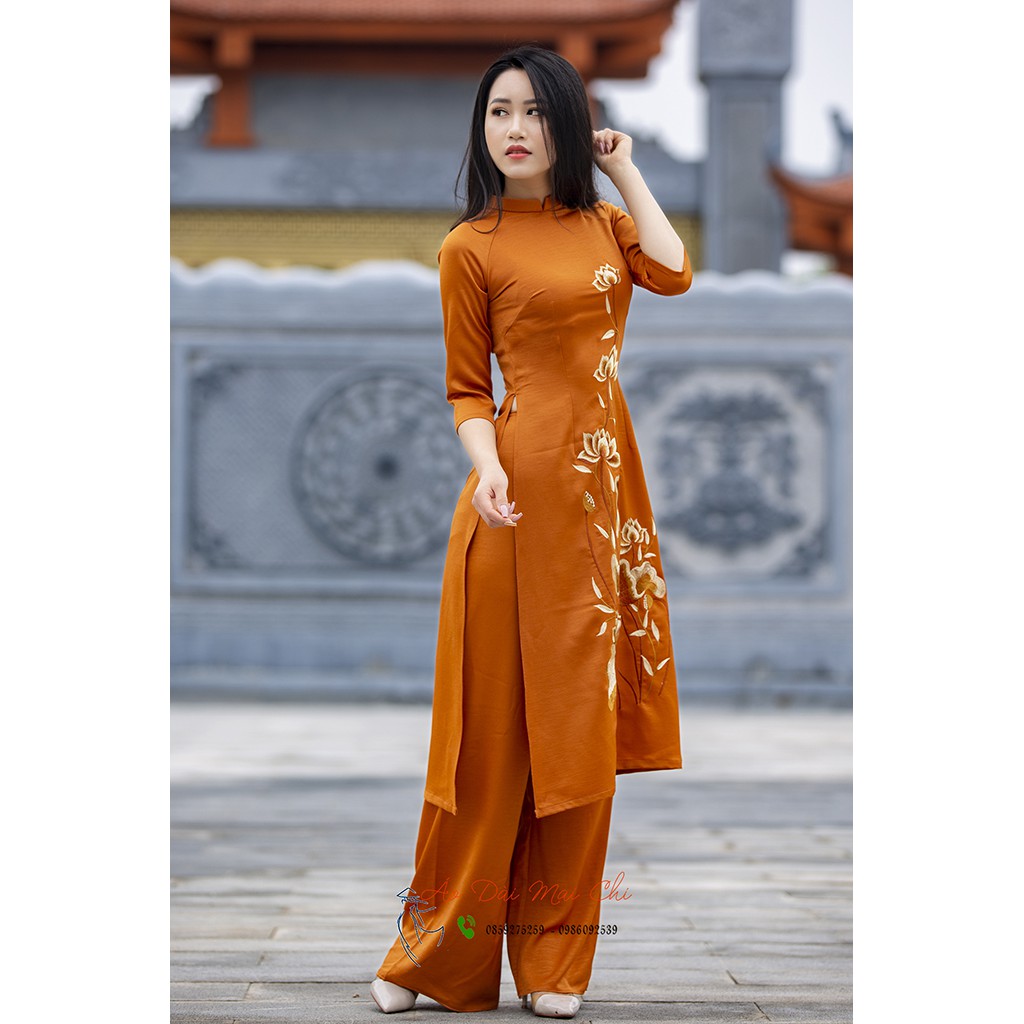 Bộ áo dài cách tân đi lễ chùa họa tiết thêu - Cổ 2cm tay lỡ
