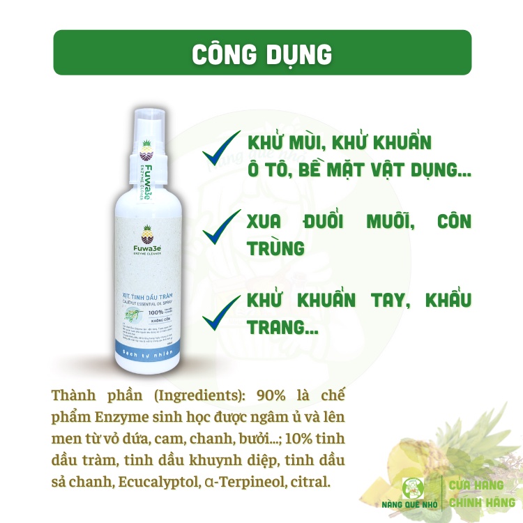 Xịt Khử Khuẩn Tinh Dầu Tràm FUWA 3e Hữu  Cơ Khử Mùi Kháng Khuẩn Xịt Tay Khẩu Trang Không Cồn Không Khô Tay Chai 100ml
