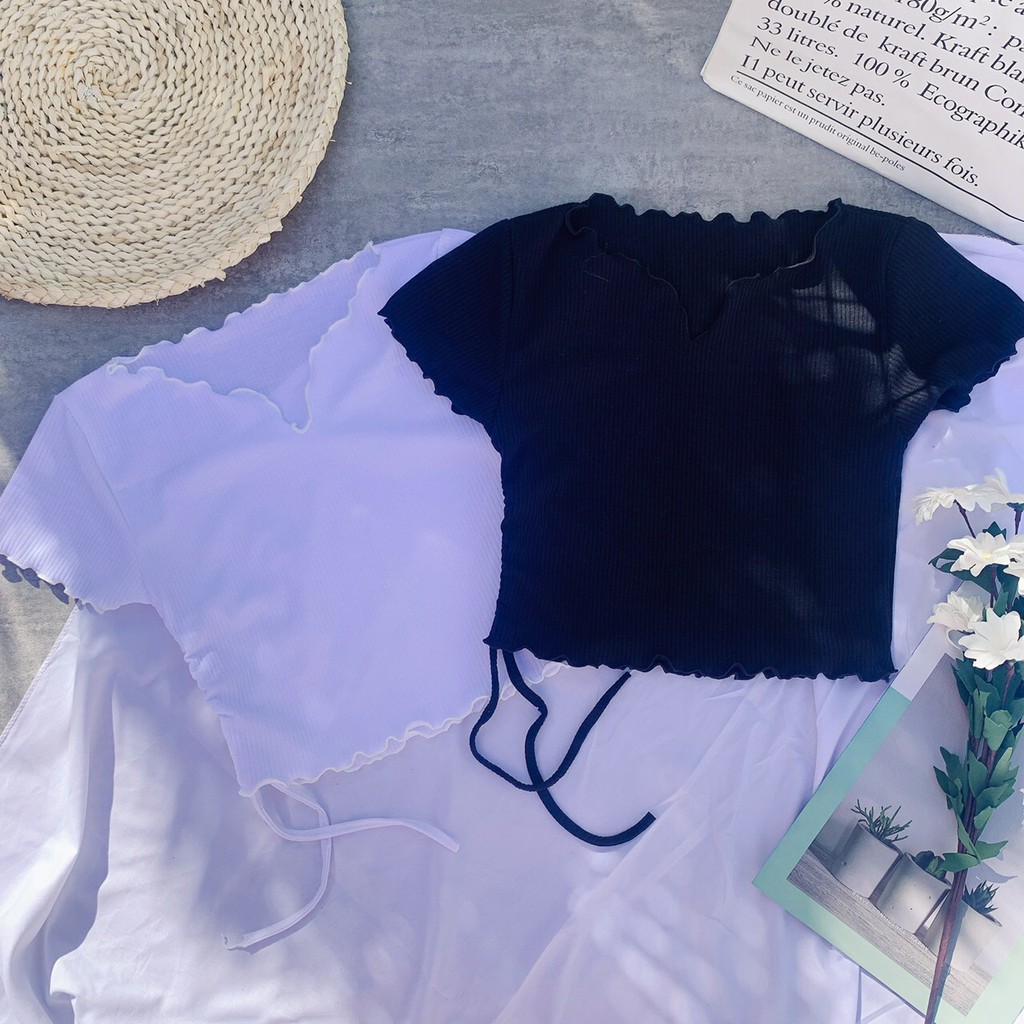 áo croptop kiểu cổ xẻ v rút dây hông xinh