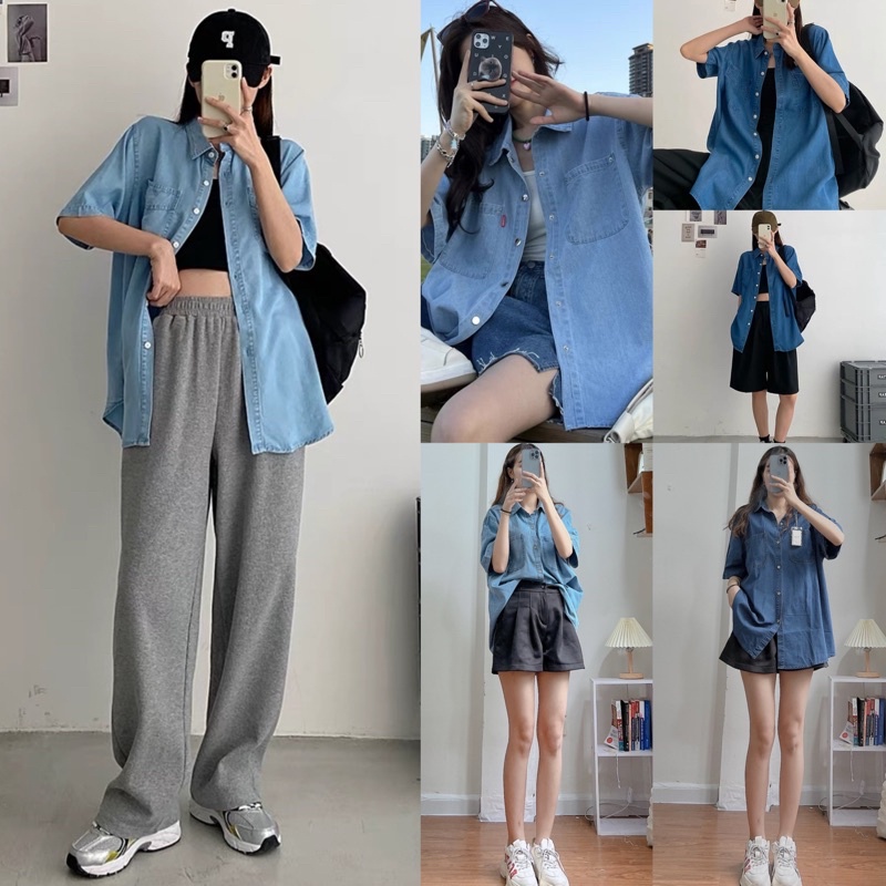 Sơ mi denim cộc tay oversize 2 túi form rộng nam nữ ulzzang 5037/p1k12