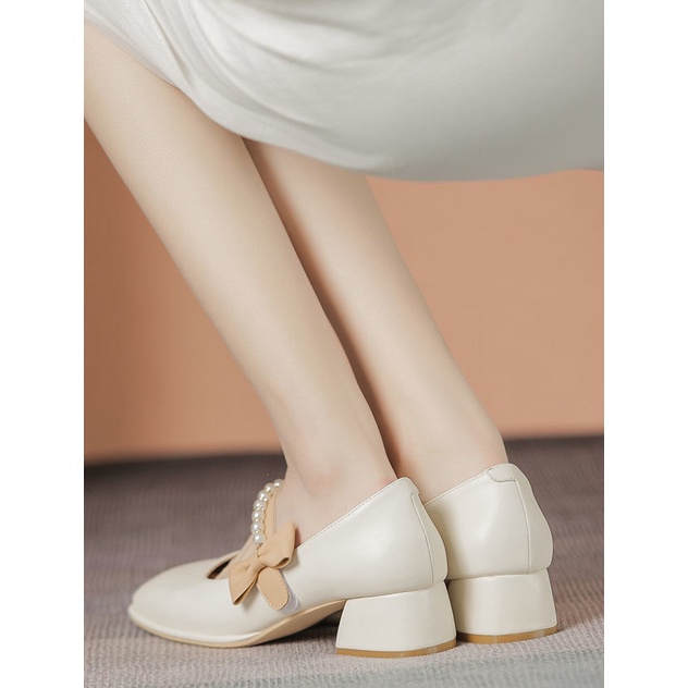 Giày Búp Bê Nữ Đế Cao 3 Phân Bít Mũi Mũi Vuông Đính Nơ Quai Ngang