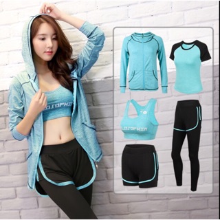 Bộ đồ tập gym 5 món, cạp quần đồng màu, có size to cho các bạn 75kg nha