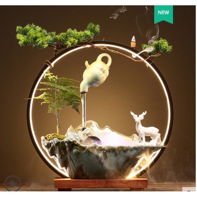 Thác thước phong thủy xông trầm đẹp có đèn LED, thác nước phong thủy may mắn, thác nước khói có đèn LED [HANWOO VINA]