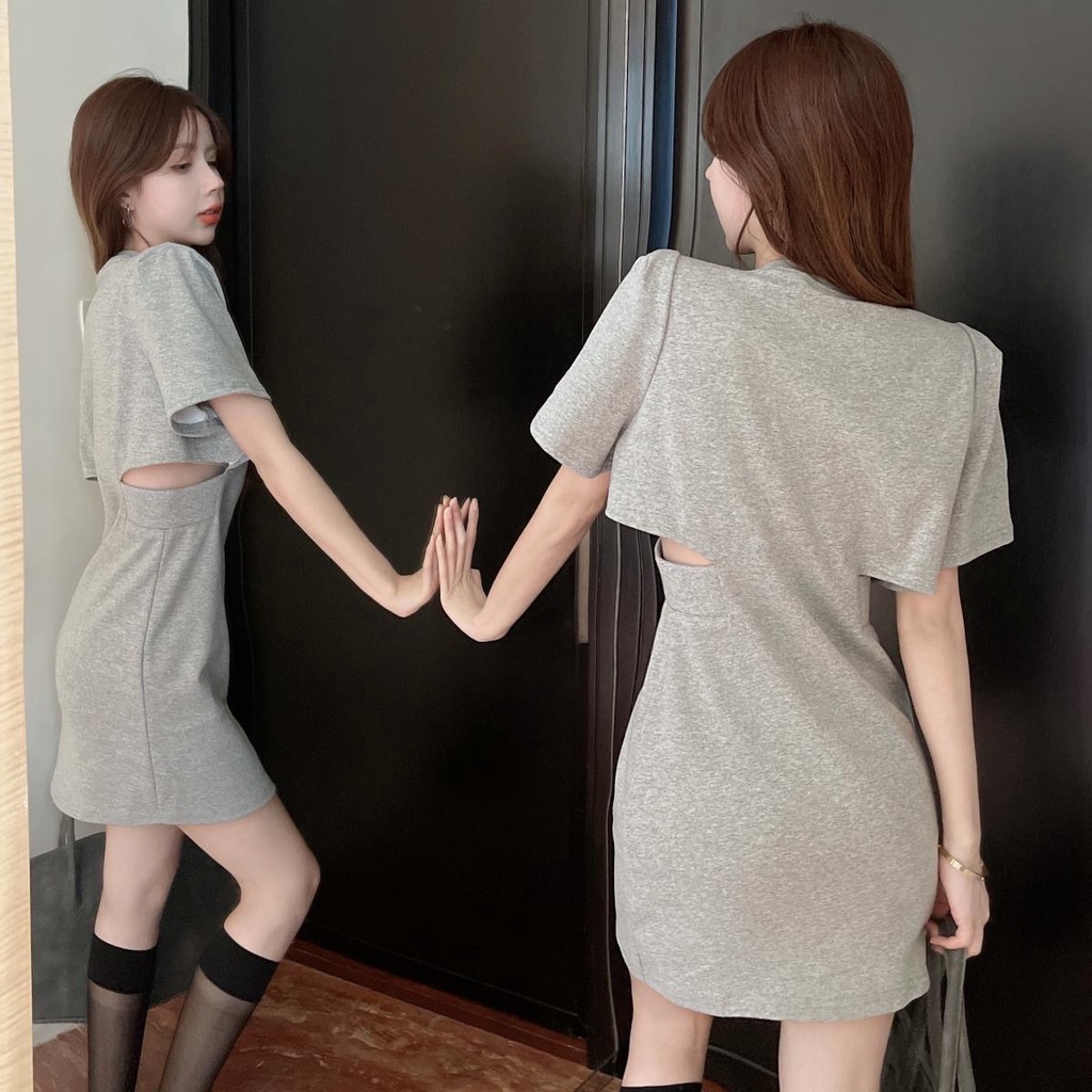 Pure Desire Hot Girl Đầm Ngắn Tay Cổ Tròn Hở Eo Phối Khóa Kéo Quyến Rũ Cho Nữ