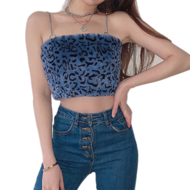 Xiangbao Áo Crop Top Hai Dây Phối Lông Họa Tiết Da Báo Phong Cách Harajuku Quyến Rũ Cho Nữ