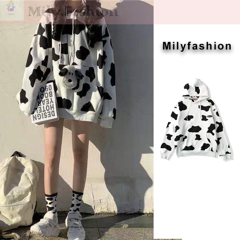Áo Hoodie Vải Mỏng Tay Dài In Hình Bò Sữa Dễ Thương