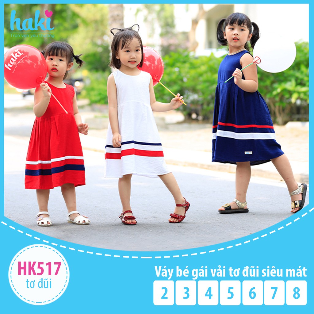 Váy bé gái sát nách, phối đáp 3 màu HK517, đầm hè thiết kế cho bé đủ size từ 1-8y Haki