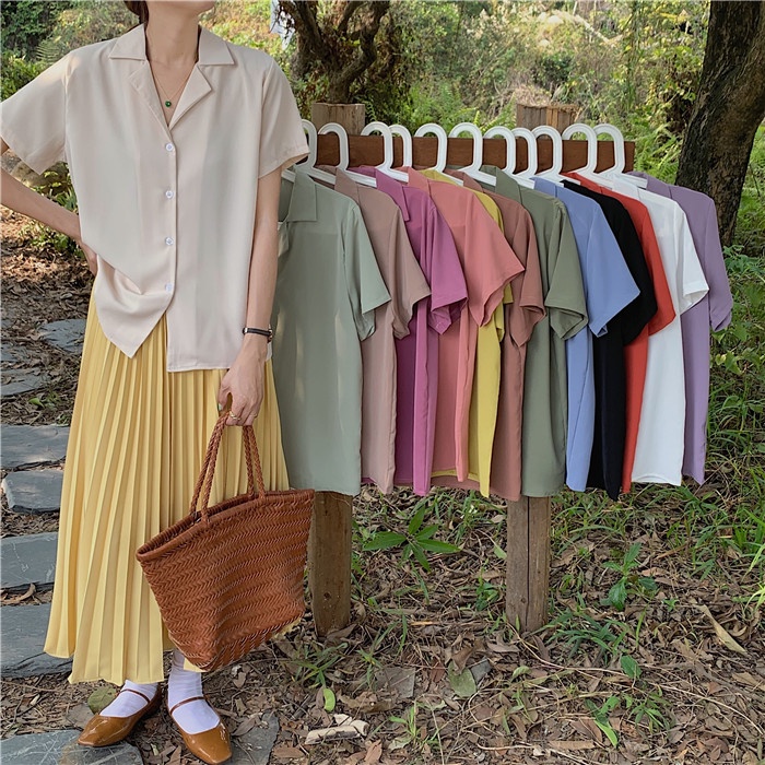 SUXI Áo Sơ Mi Tay Ngắn Cổ Chữ V Màu Sắc Đơn Giản Phong Cách Hàn Quốc Cho Nữ