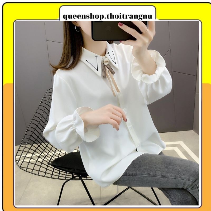 Sơ mi nữ cổ thêu viền tay bo chun kiểu dáng công sở chất vải đẹp không nhăn Queenshop